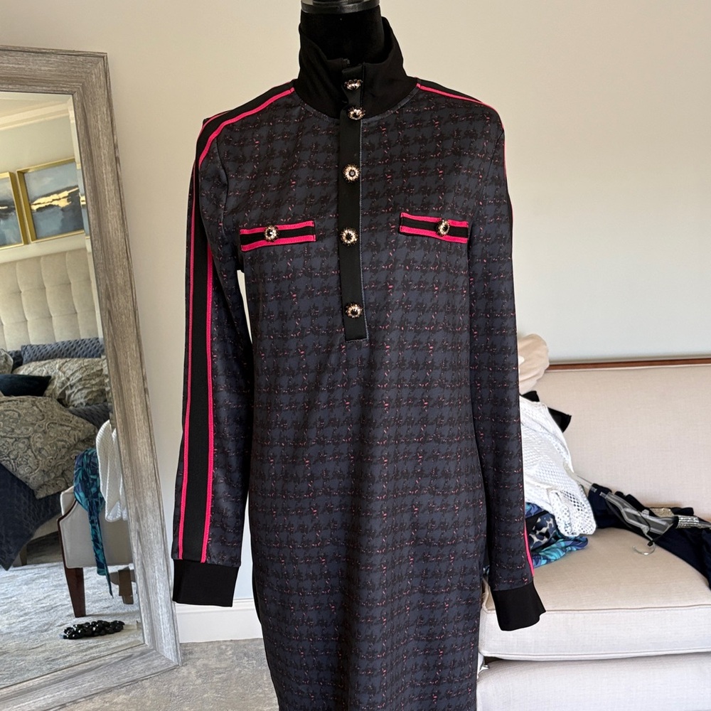 Womens Black Knit Long-Sleeve Dress with Pink Trim